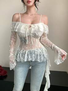 DAZY 女士优雅蕾丝吊带背心，系带荷叶边下摆，春夏款 - 米色 - 查看 9