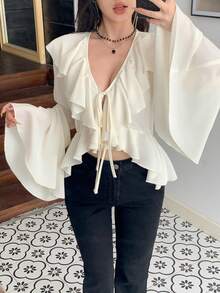 DAZY Elegancka bluzka damska w jednolitym kolorze z falbanką i mankietem, z bufiastymi rękawami, wiosna/lato - Beżowy - Zobacz 7