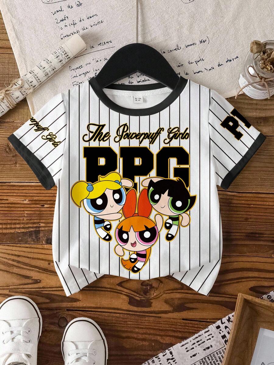 THE POWERPUFF GIRLS X SHEIN Young Girl Blossom, Bubbles, Buttercup Pattern Round Neck Short Sleeve T-Shirt - White - View 1