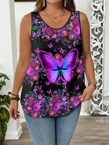 SHEIN LUNE Plus Size Women 3D Butterfly Floral Digital Print Casual Minimalist Style American Loose Fit Tank Top Plus Size Tank Top Summer Tops Plus Size Tank Tops Plus Size Women's Tops Plus Size Sleeveless Tops Butterfly Top - Multicolor - View 4