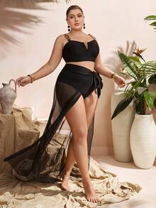 Swim Oasis 2026 New Black Sexy Swimsuit, Thick Gold Chain Strap Bikini + Sheer Maxi Skirt Beach Resort Set - Black - View 4