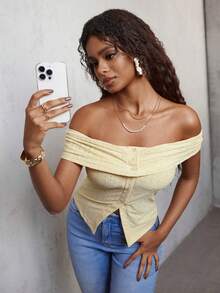 Eryvara Women's Slim Fit Jacquard Off-Shoulder Split Short Sleeve T-Shirt - Light Yellow - View 5