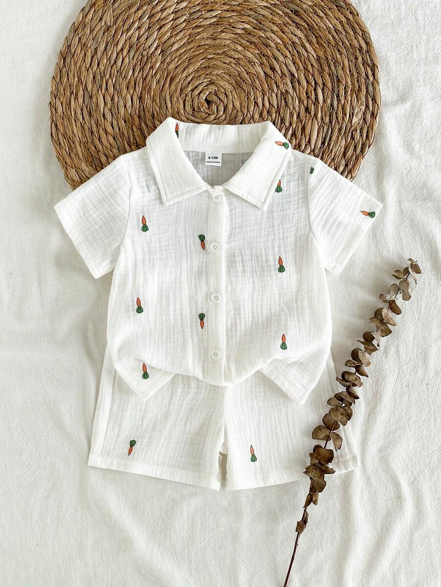 Vintaside Kids Bộ đồ thường ngày cho bé trai gồm áo sơ mi ngắn tay cài cúc và quần short in hình cà rốt. - trắng - Xem 1