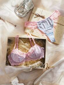 SHEIN 2 Stücke rosa & blaues Kontrast-Farben Spitzen-Patchwork Lingerie Set - Verschiedenfarbig - Übersicht 6