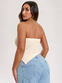 SHEIN BAE Plus Size Women's Tube Top Solid Color Beige Stretch Knitted Tight Ruffled Asymmetrical Design Hem Tank Top