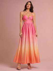 Enchnt Women's Ombre Ruched Waist Cutout Sexy Cami Dress,Summer Dresses For Women - Hot Pink - View 6