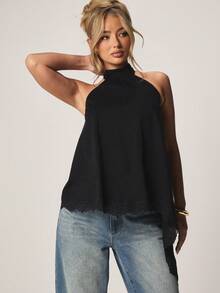 MISSGUIDED Top sin mangas con cuello halter, espalda descubierta y detalle de dobladillo asimétrico con adorno de encaje, para ocasiones de fiesta de verano por la noche - Negro - Ver 1