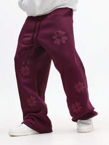 SUMWON Pantalones de chándal holgados de color burdeos con diseño de estampado de flores abultadas en todo el patrón, cintura con cordón, cómodos y relajados - Morado - Ver 1