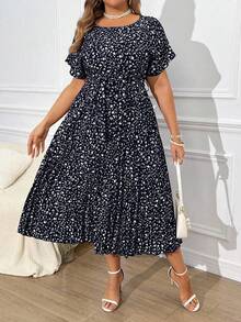 EMERY ROSE 大码女式印花褶皱连衣裙长款女装 - 藏蓝色 - 查看 3