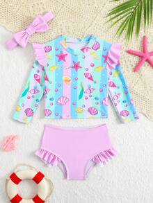 女婴泳衣，海洋生物印花，针织面料，荷叶边装饰，两件式泳衣，含发带，时尚休闲，适合游泳、度假、夏季、圣诞节、节日、新年、情人节等场合穿着。女婴荷叶边泳衣，女婴泳装，女婴贝壳海星印花两件式泳衣。 - 彩色 - 查看 7