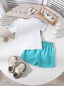 SHEIN Playful Pals 2件/組 嬰兒男童夏季套裝 白色卡通字母印花圓領短袖上衣與素色短褲 可愛城市度假活力時尚套裝 - 彩色 - 查看 2