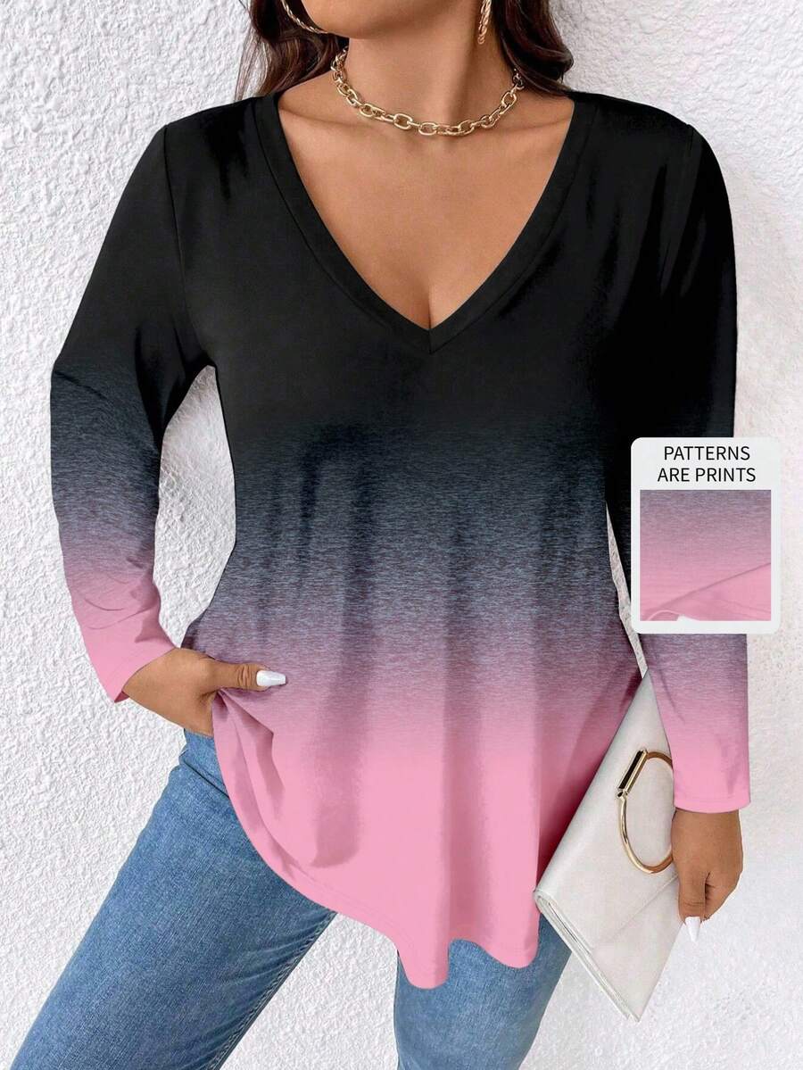 EMERY ROSE Ombre Color Block Plus Size V-Neck Long Sleeve T-Shirt Fall - Multicolor - View 1