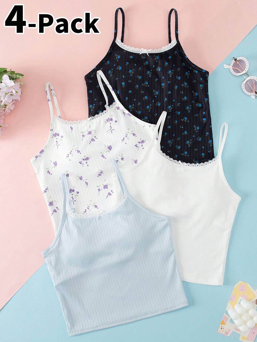 4件套可拆卸杯带条纹吊带背心，适合13-16岁女孩，运动吊带衫 - 彩色 - 查看 1