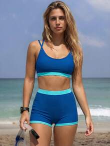 Swim SPRTY Women's Summer Holiday Color Block Casual Bikini Set - Blue - View 1