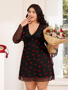 Solflare 2026春夏情人节新款休闲户外日常穿着派对约会生日场合喇叭袖深V腰收腰A字撞色蝴蝶结装饰高弹网纱天鹅绒提花爱心印花长袖黑色短款加大码连衣裙 - 彩色 - 查看 6