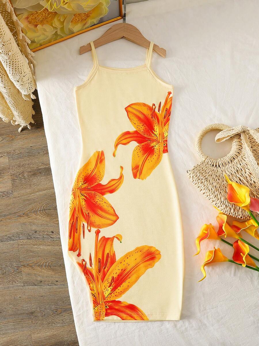 Girls Yellow Vacation Cami Graphic Floral Print Polyester Split Long Summer Dress
