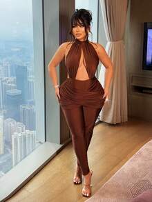 NU&NOW Plus Size Women's Sexy Hollow Pleated Backless Halter Jumpsuit, Valentine's Day - Brown - View 5