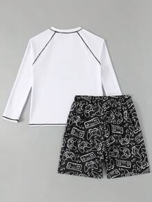Teen Boys Swimsuit Set White Game Console Positioned Printed Long Sleeve Rash Guard With Beach Pants,Summer Streetwear Holiday Casual Bathing Suit - Black and White - View 3