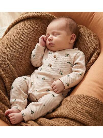 Loomiva Newborn Baby Girl Floral Print Soft Knit Crew Neck Long Sleeve Jumpsuit Neutral Baby Clothes Unisex