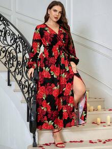 SHEIN Clasi 大码女式印花交叉领系带高开衩长裙，度假风，春夏秋季 - 彩色 - 查看 7