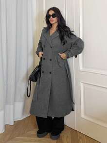 Ronhire Women's Notched Collar Double Breasted Overcoat - Grey - View 4