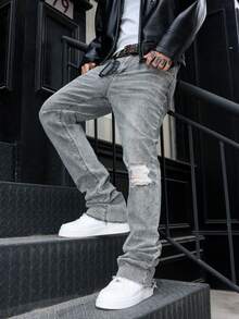 Manfinity LEGND Męskie jasnoszare, sprane jeansy z podkową w dopasowanym kroju - Jasnoszary - Zobacz 1