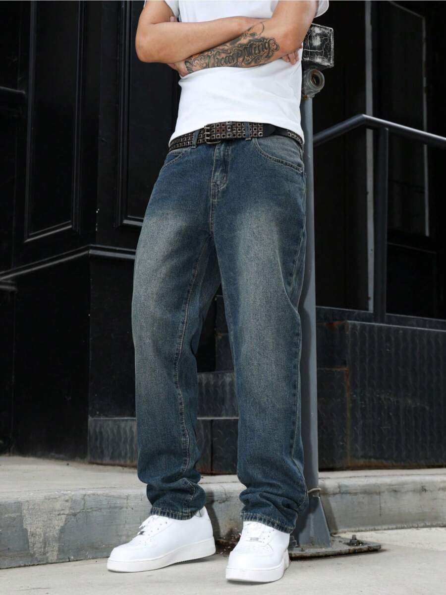 Manfinity Homme Quần jeans nam dáng suông rộng, màu xanh nhạt cổ điển - Rửa trung bình - Xem 1