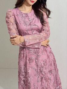 DAZY Abito elegante da donna con paillettes, ricamo e inserti in rete, vita segnata, adatto per primavera/autunno - Rosa - Visualizzare 1