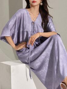 DAZY 女士优雅度假风V领扭结前襟蝙蝠袖宽松长连衣裙，春夏吊带裙 - Bold Plum - 查看 1