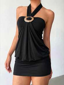 Aloruh 女士吊带系带金属扣紧身迷你连衣裙 - 黑色 - 查看 3