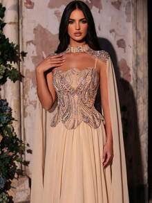 Glamrae Đầm maxi tay xòe sang trọng, đính cườm và sequin, chất liệu chiffon, thích hợp cho đám cưới, tiệc tùng, kỳ nghỉ, dạ hội và các dịp trang trọng (được trang trí cầu kỳ). - Rượu sâm banh - Xem 9