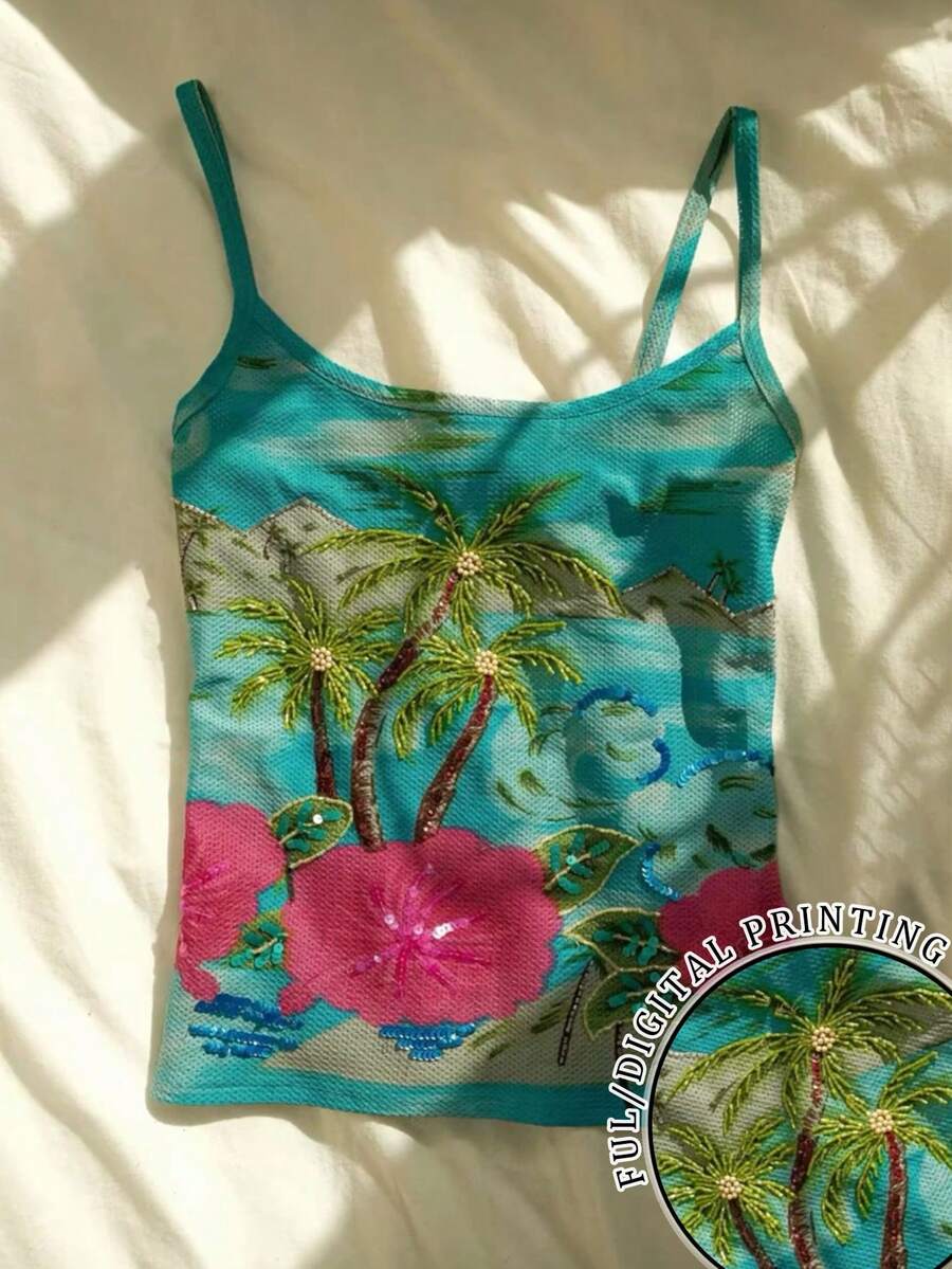 Glimmora Women's Regular Fit Palm Tree Print Cropped Camisole Tank Top - Multicolor - View 1