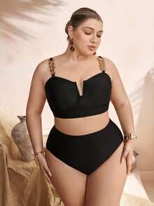 Swim Oasis 2026 New Black Sexy Swimsuit, Thick Gold Chain Strap Bikini + Sheer Maxi Skirt Beach Resort Set - Black - View 7