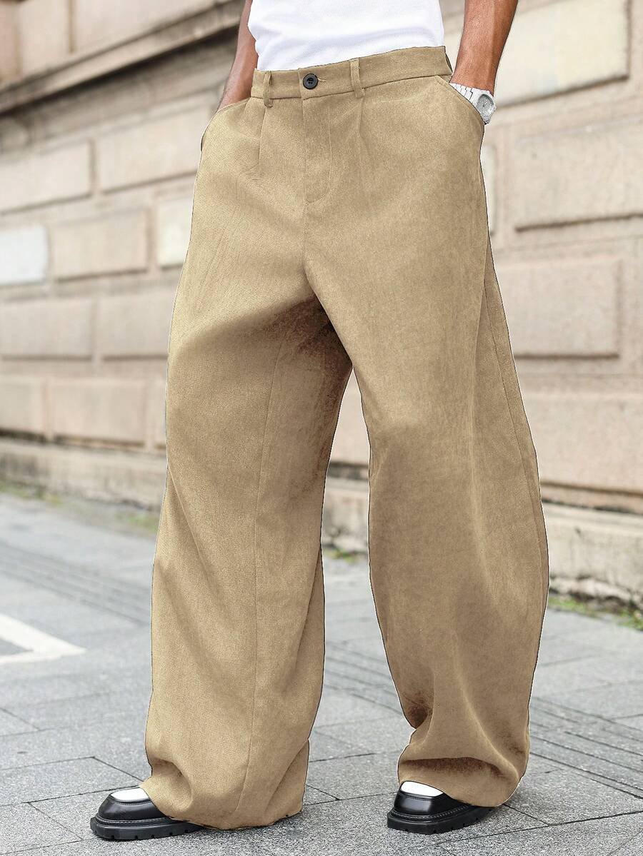 Manfinity Roghcode Plus Size Men's Casual Solid Color Wide Leg Pants - Khaki - View 1