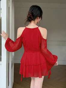 Celisse 女士优雅纯色露肩灯笼袖休闲连衣裙 - 紅色 - 查看 2