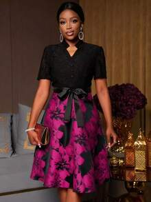 SHEIN Unity Lace Jacquard Fabric Splice V-Neck Belted Wrap Elegant Mid-Length Dress For Women - Hot Pink - View 4