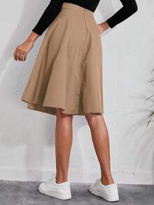 SHEIN PETITE New Elegant Casual Beach Vacation A-Line Skirt With Pockets And Buttons For Women, Spring/Summer - Khaki - View 2