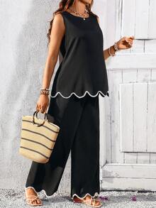 SHEIN 两件套孕妇撞色下摆无袖上衣和裤子套装 - 黑色 - 查看 4