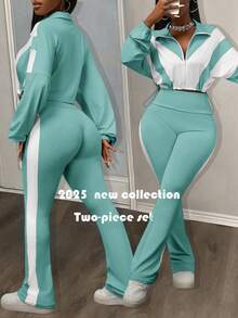 Slaydiva New Early Autumn Casual Simple Daily Dating Sports Style Yoga Suit Small Stand-Up Collar Front Middle Zipper Drop Shoulder White Splicing Light Purple Hem Drawstring Long-Sleeved Top + Purple Flared Trousers Side White Splicing Yoga Pants Knit Suit Women's Two Pieces Suit-B Women 2 Piece Sets Long Sleeve Two Piece Set 2 Piece Pants Set - Teal Blue - View 2