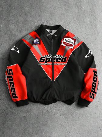 Street Life Chaqueta casual de hombre con parches de color contrastante y estampado de letras, para otoño