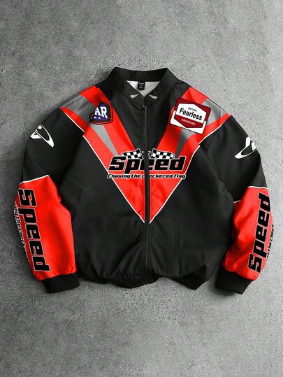 Street Life Herren Lässig Kontrast Farbblock Jacke mit Buchstaben-Muster, Herbst