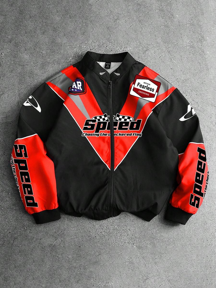 ROMWE MEN Street Life Men's Casual Contrast Color Patchwork Letter Print Jacket, Autumn - Multicolor - View 1