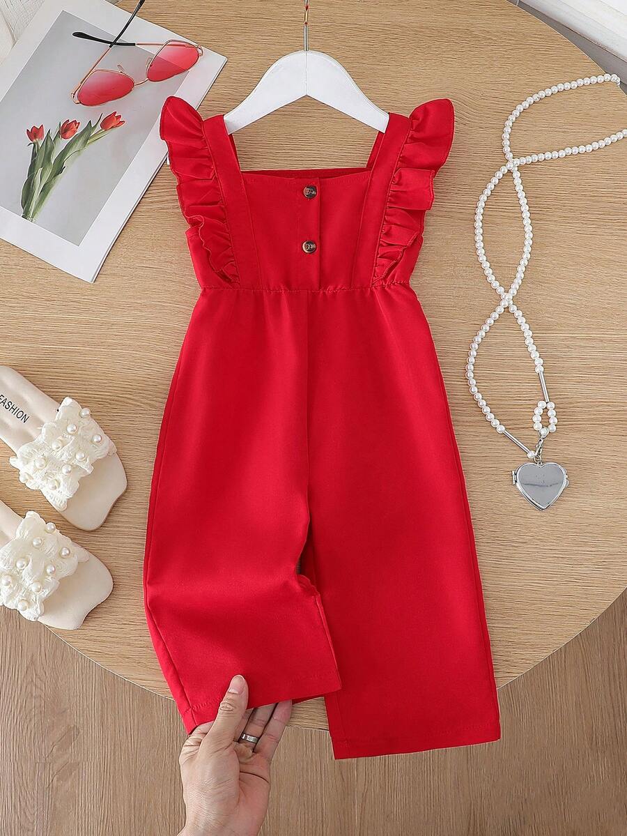 SHEIN Mono de verano sin mangas con volantes y tejido para niñas bebé, de estilo casual y elegante para vacaciones, primavera/verano - Rojo - Ver 1