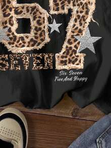 少女休闲简约时尚豹纹印花67星图案街头朋克风黑色短袖圆领T恤，适合夏季穿着，豹纹印花T恤，青少年女孩衬衫，宽松T恤，女孩休闲印花短袖T恤 - 彩色 - 查看 6