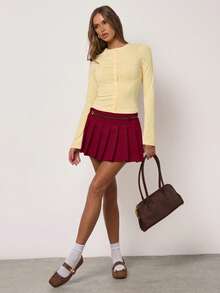 SHEIN BAE Chân váy chữ A xếp ly màu trơn, kiểu dáng thường ngày, đa năng, có thắt lưng dành cho nữ. - Màu Đỏ Sâu - Xem 4