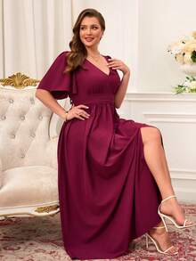 Miaspire Đầm cỡ lớn màu trơn tay ngắn xẻ eo thanh lịch - Màu tím - Xem 7