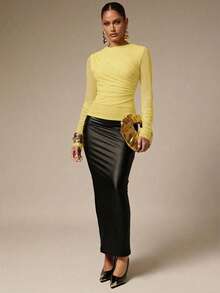 Silquee Women's Solid Color Pleated Mesh Patchwork Long Sleeve T-Shirt - Yellow - View 6