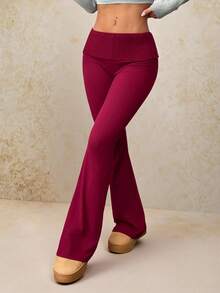 SHEIN PETITE Quần đỏ Giáng sinh dành cho nữ, ấm áp, thích hợp mặc ở nhà vào mùa thu và mùa đông, quần ống loe, quần yoga dáng suông, thích hợp cho Giáng sinh, Năm mới, Thu/Đông. - Màu Đỏ Sâu - Xem 6