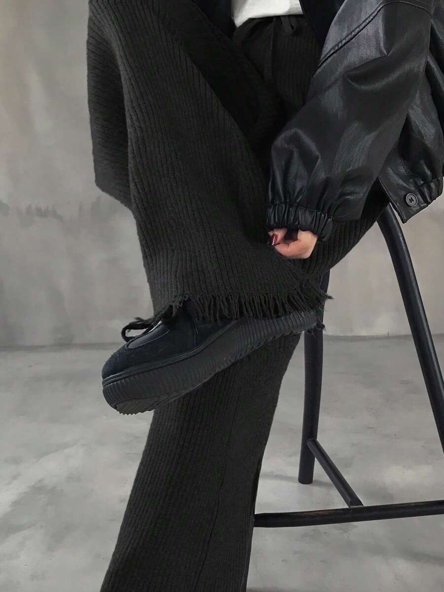 FRIFUL 女士纯色简约毛衣裤套装,休闲日常穿着 - 黑色 - 查看 1