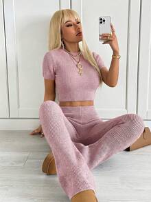 SHEIN EZwear Fashionable Sexy Solid Color Round Neck Raglan Short Sleeve Fitted Ribbed Sweater Set - Dusty Pink - View 5